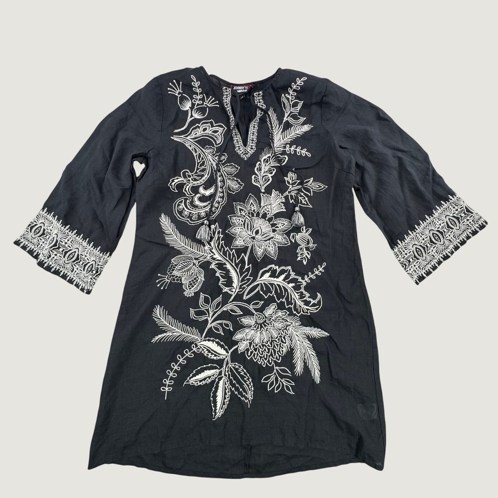 Johnny Was Workshop Black Ramie Embroidered Floral Tunic Dress W32525-1 Mens M